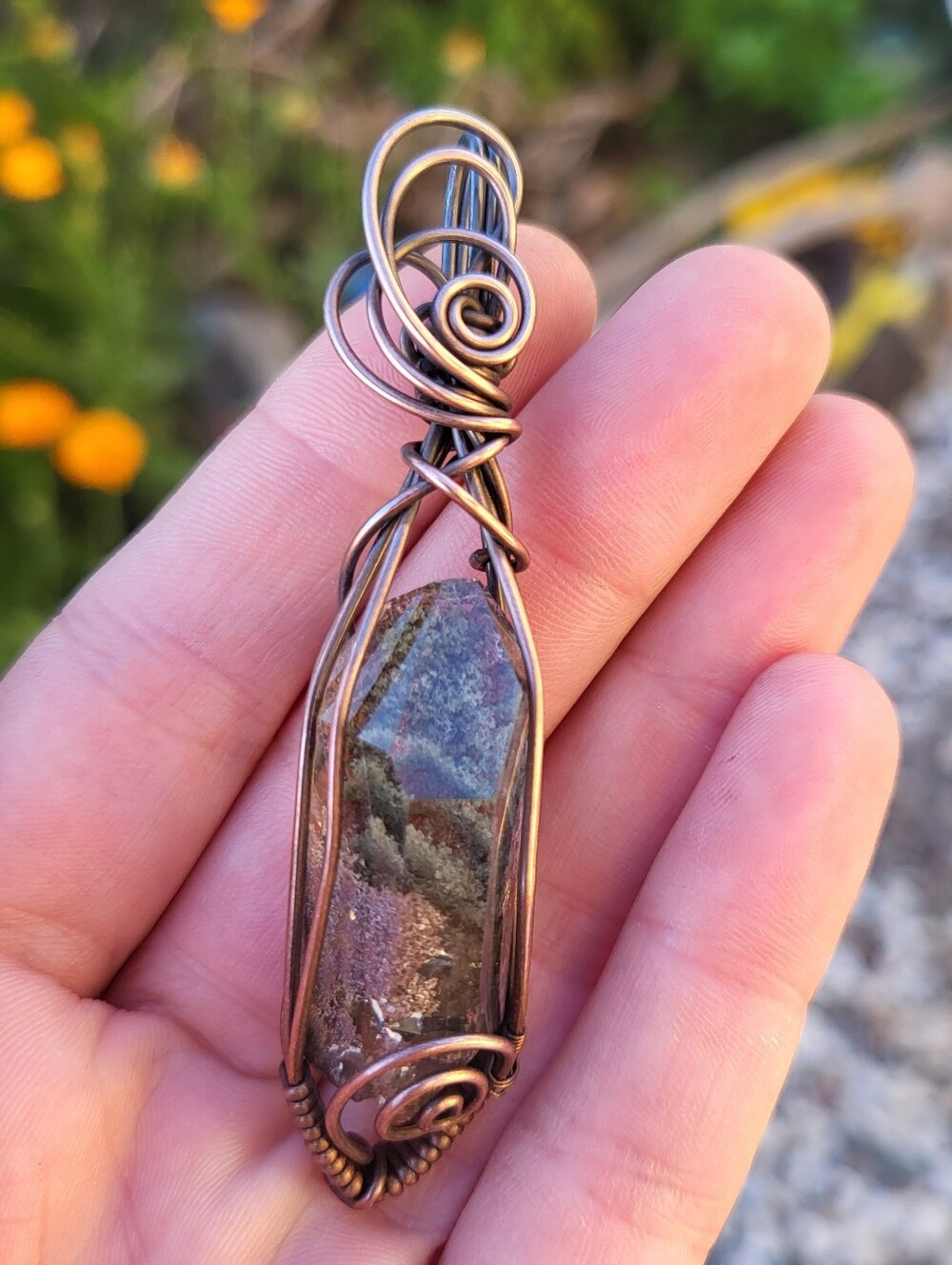 Garden Quartz Crystal Copper Wire Wrap Pendant Necklace